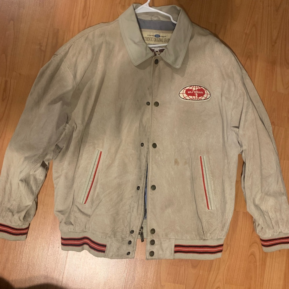 Grey Leather Jacket with Red Accents